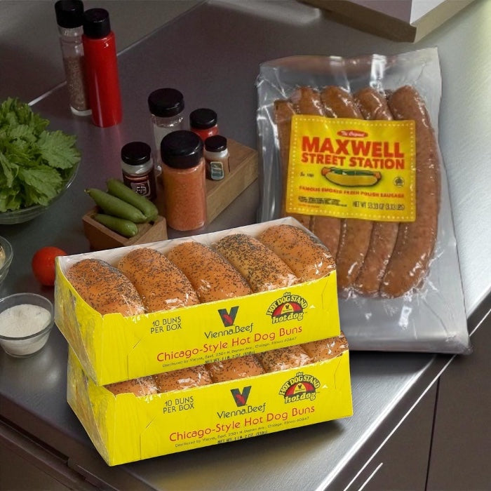 Maxwell Street Station Famous Smoked Fresh Polish Sausage & Vienna Poppy Seed Hot Dog Buns (3 Items Total)