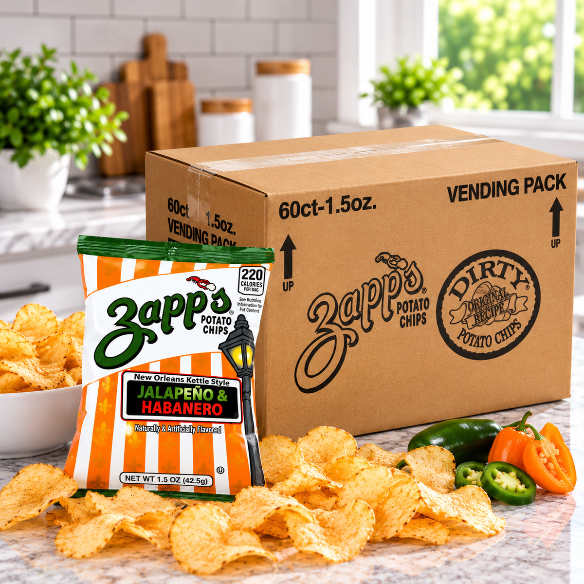 Zapp's Hotter 'N Hot Jalapeño New Orleans Kettle Style Potato Chips – 60 × 1.5 oz Bags ( 1 case )
