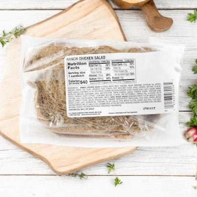 The E.A. Sween Ranch Chicken Salad Sandwich on multigrain bread is invitingly fresh and nutritious, ships frozen, and stays wholesome for 30 days in the cooler once thawed—perfect for a flavorful, healthy meal.