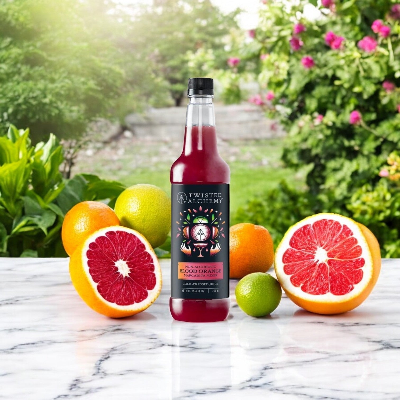A 750ml bottle of Twisted Alchemy Blood Orange Margarita Juice Mixer, fresh cold-pressed from 100% natural ingredients, sits on a marble surface surrounded by whole and halved oranges, grapefruit, and lime with greenery in the background.