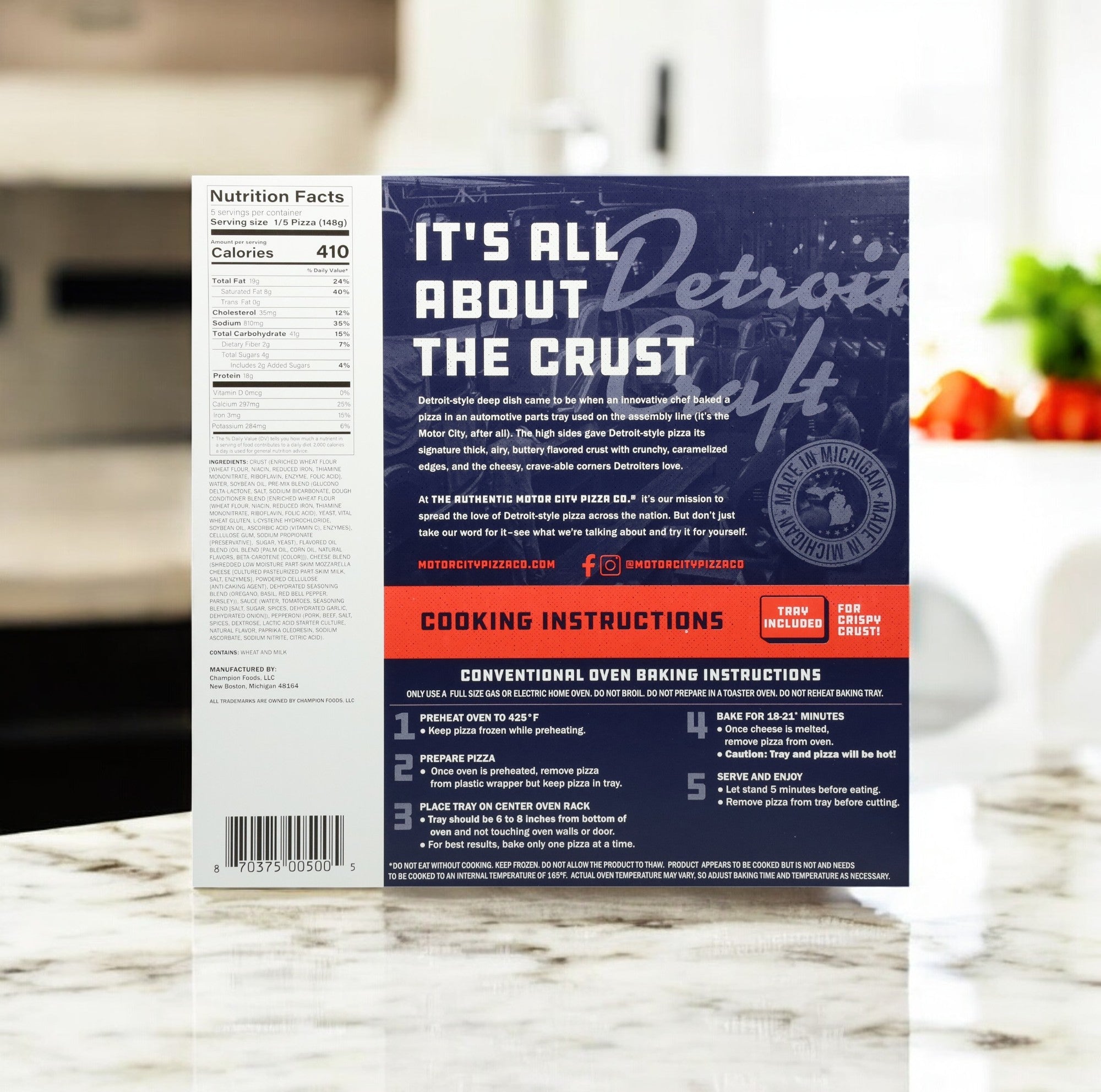 Back of the "Authentic Motor City Pizza Co-Pepperoni Detroit-Style Pizza-3 Count" box features "It's All About the Crust," with nutritional facts and cooking instructions by Authentic Motor City Co., renowned for its Detroit flair, perfectly fitting any kitchen with its inviting description and savory touch.