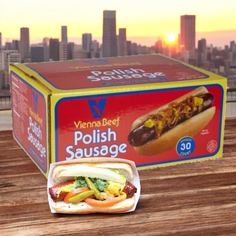 A Chicago Vienna Polish Sausage Kit from Vienna Beef sits on a table, showcasing one of the 30 perfectly cooked sausages nestled in a poppyseed bun with condiments, framed by the bustling city skyline.