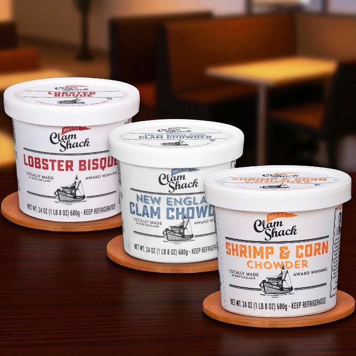 Blount Clam Shack Lobster Bisque Soup 24 oz, Blount Clam Shack Shrimp & Roasted Corn Chowder 24 oz, Blount Clam Shack Gluten-Free New England Clam Chowder 24 oz (Combo 3 Items Total)