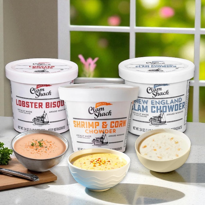 Blount Clam Shack Lobster Bisque Soup 24 oz, Blount Clam Shack Shrimp & Roasted Corn Chowder 24 oz, Blount Clam Shack Gluten-Free New England Clam Chowder 24 oz (Combo 3 Items Total)