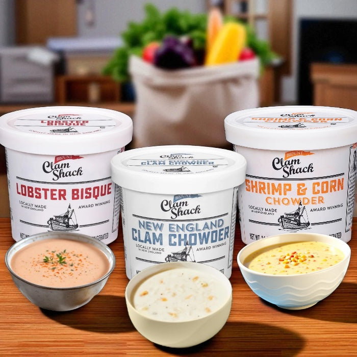 Blount Clam Shack Lobster Bisque Soup 24 oz, Blount Clam Shack Shrimp & Roasted Corn Chowder 24 oz, Blount Clam Shack Gluten-Free New England Clam Chowder 24 oz (Combo 3 Items Total)