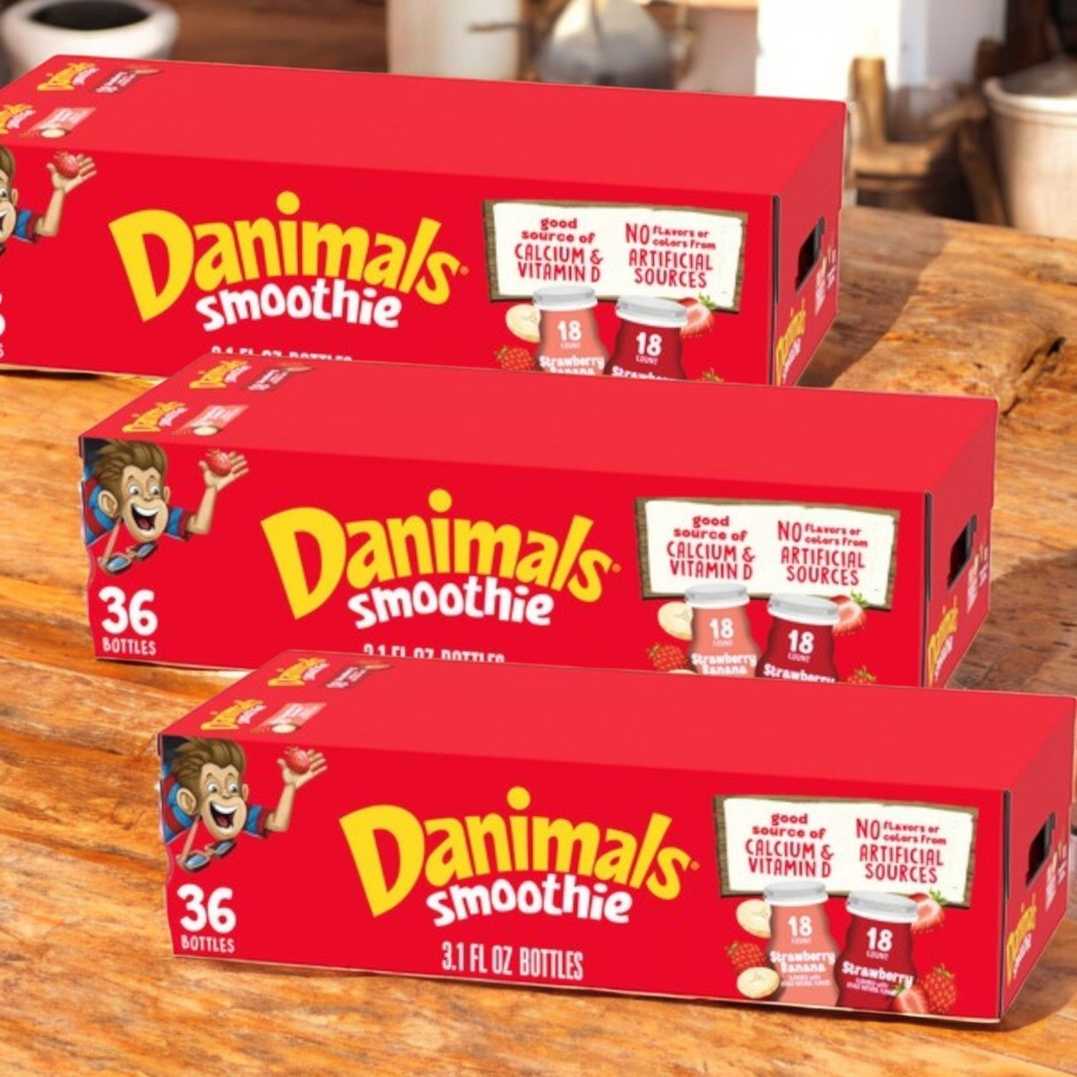 Dannon Danimals Smoothies Strawberry Variety Pack, 3.1 oz, 36 count, 3 Cases.