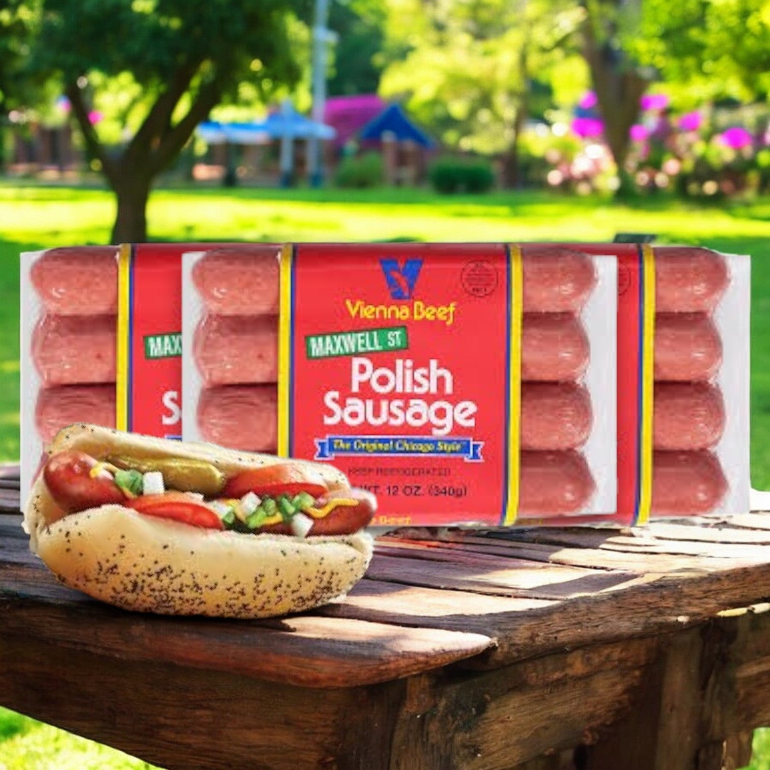The Vienna Beef Polish Sausage, crafted from seasoned beef and pork, sits on a wooden table in a park. Packaged as 12 oz, 3 counts, this Chicago-style hot dog promises an authentic taste experience.