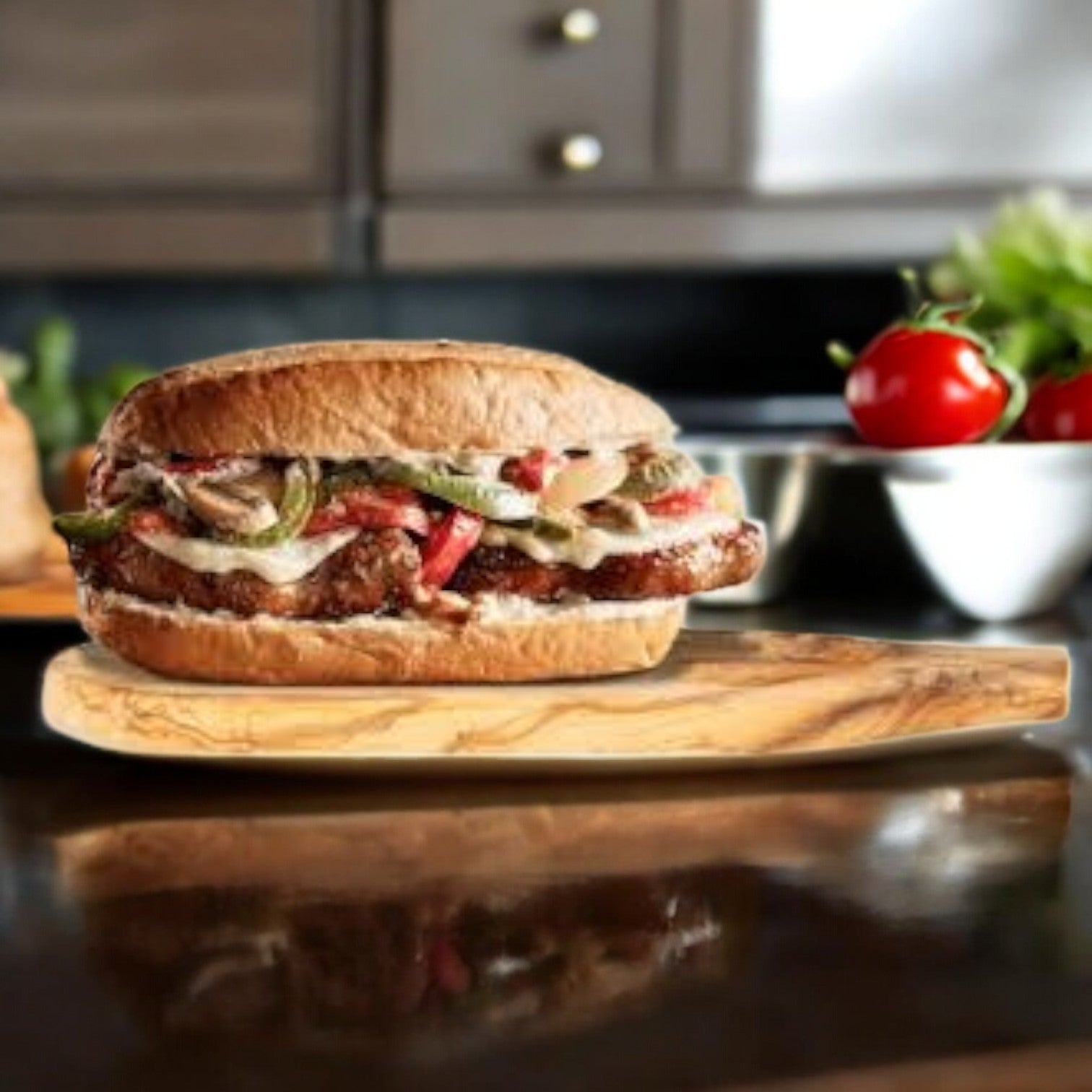 A Bubba Angus Beef Burger on a wooden board delivers a premium taste, complemented by vibrant tomatoes and greens elegantly arranged in the background.