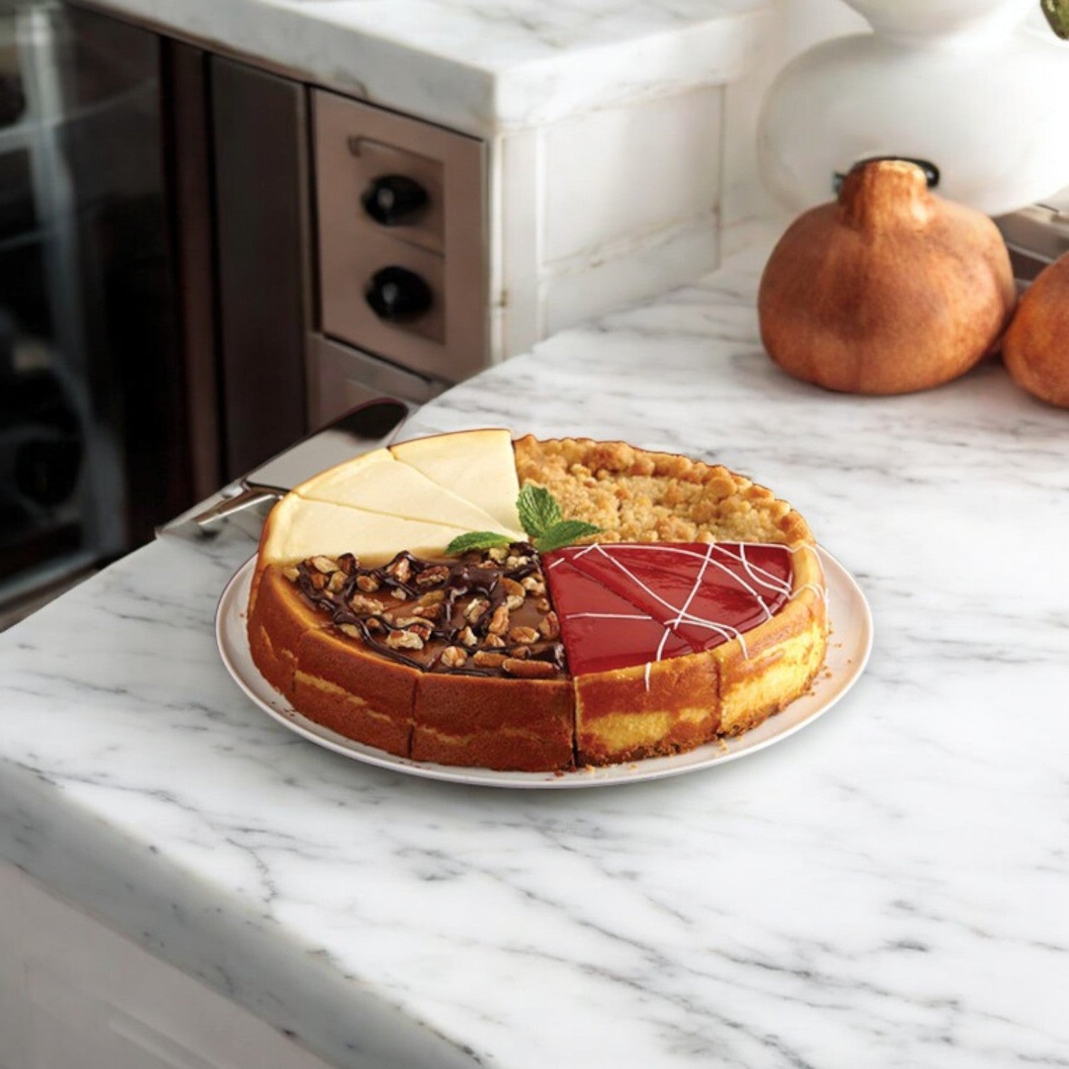 Eli's Cheesecake Celebration Sampler, a 32 oz. masterpiece by Eli's Cheesecake, presents an array of delightful cheesecake slices in various flavors like chocolate and fruit, all beautifully arranged on a marble countertop.