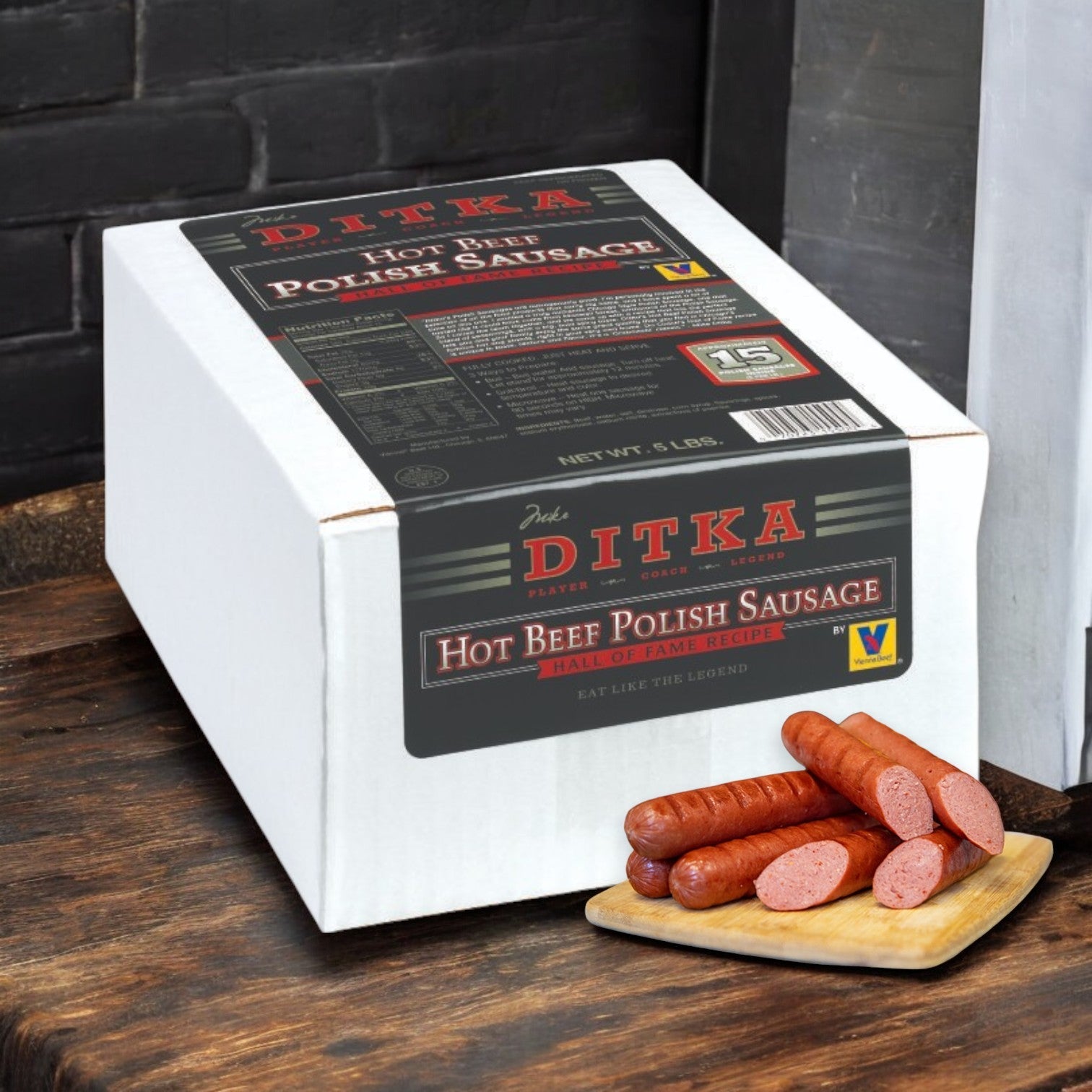A package of Vienna Beef Polish Sausage is shown next to a small cutting board with sliced smoked sausages on it.