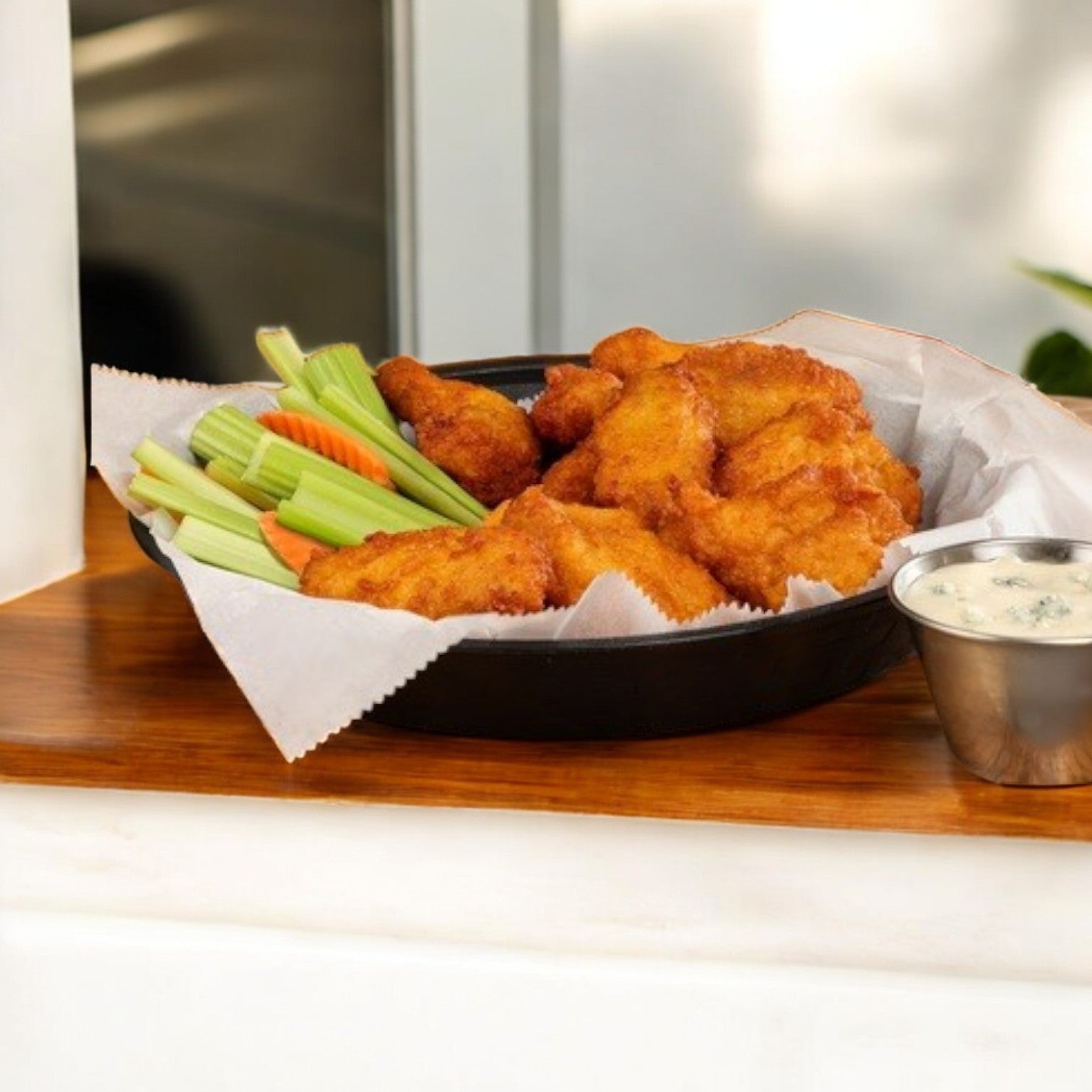 A black bowl features Garden Valley Breaded Hot & Spicy Halal Chicken Wings, complete with celery sticks and a cup of dipping sauce.
