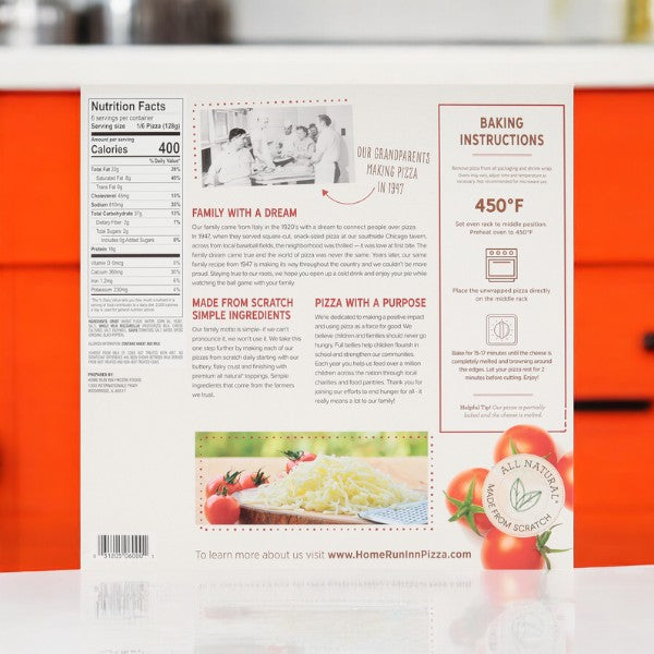 Back of a Home Run Inn Pizza Variety Pack box showcasing nutrition information, baking directions, and a narrative about the family's rich pizza-making tradition. The lower section includes an image of the Classic Cheese Pizza along with tomatoes.