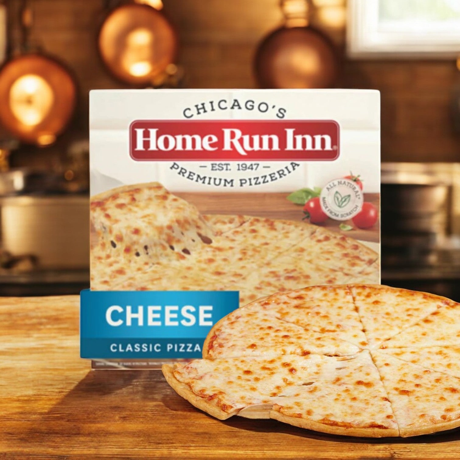 A 27 oz. Home Run Inn Family Size Cheese Pizza is set on a wooden surface, its box in the background highlighting the delicious image. Savor the pizzeria taste with rich mozzarella cheese for a classic experience.