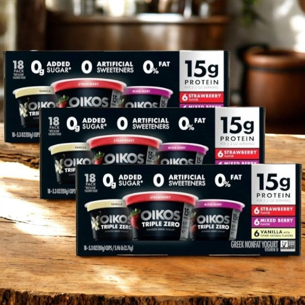 Dannon's Oikos Triple Zero Greek Nonfat Yogurt Variety Pack includes strawberry, mixed berry, and vanilla flavors. Each serving offers 15g protein with no added sugar or artificial sweeteners. This non-GMO yogurt is a great calcium source and comes in three 18-count boxes of 5.3 oz each.