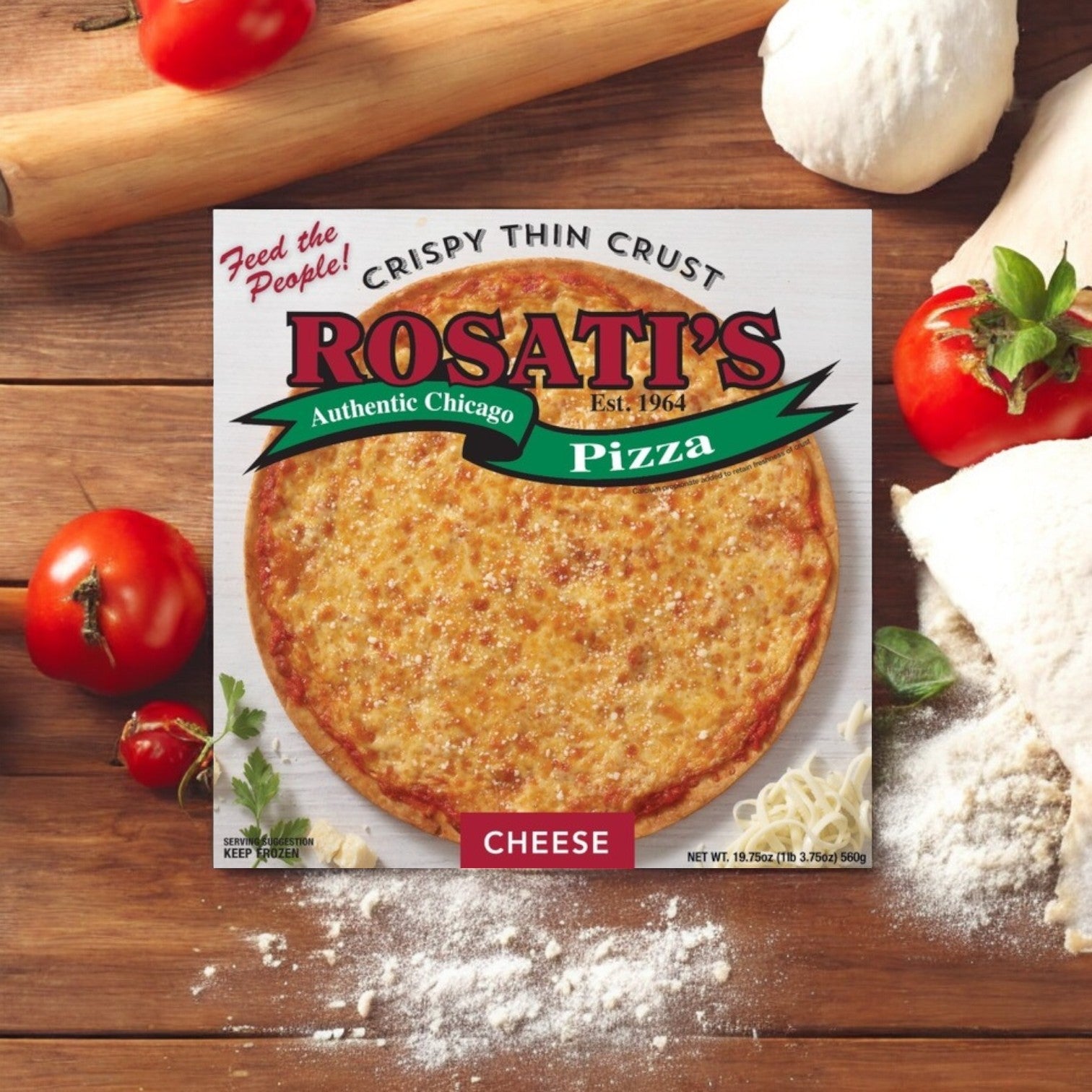 Rosati's Pizza Crispy Thin Crust Combo box sits on a wooden surface, surrounded by tomatoes, flour, and dough. The enticing aroma hints at the delicious slice to come.
