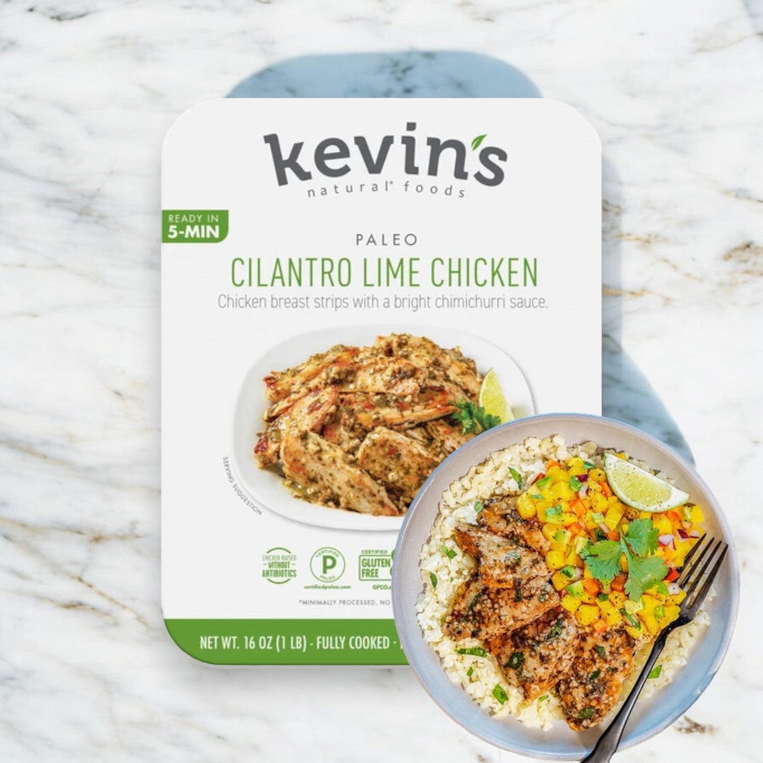 Kevin's Cilantro Lime Chicken - 16 oz. offers a vibrant pre-cooked meal of seasoned chicken over rice, topped with corn, diced peppers, and lime slices, enhanced by a refreshing cilantro lime sauce. This product comes in a 1 case, 4-pack and ships frozen with a 30-day shelf life once cooled.
