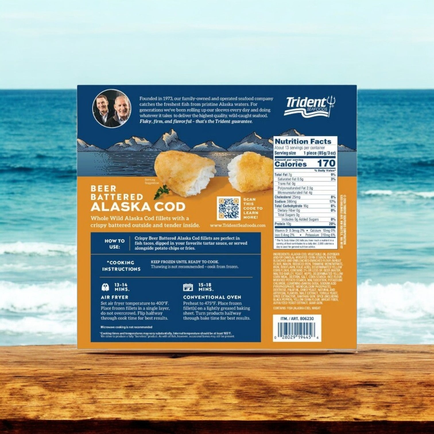 The packaging for Trident Seafoods Wild Alaskan Beer Battered Cod features cooking instructions, nutritional facts, and product images set against an ocean background. Savor the flavor of wild-caught Alaskan cod in a crispy beer batter. Each pack contains 3 boxes weighing a total of 7.5 lbs.