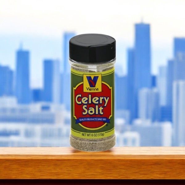 A Vienna Beef Hot Dog Kit rests on a wooden surface, capturing the essence of a Chicago-style hot dog, with a softly blurred city skyline in the background.