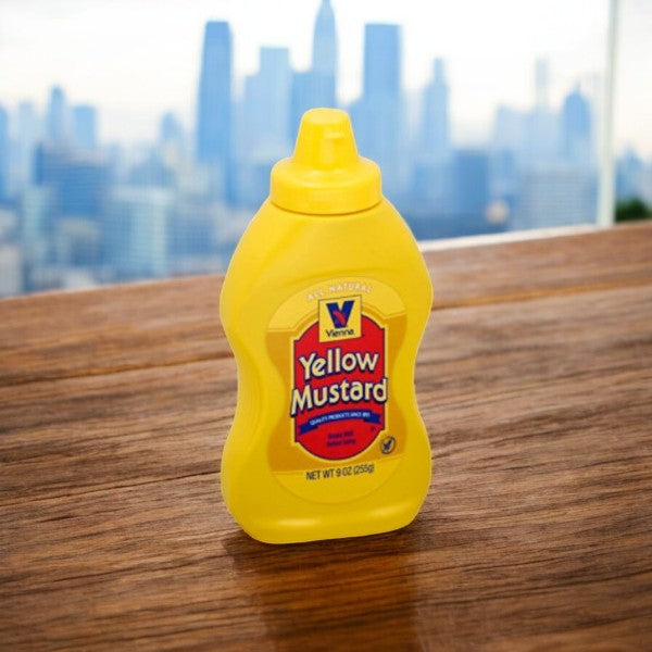 A Vienna Hot Dog Kit featuring Vienna Beef products sits on a wooden table against a city skyline, ready to complete a classic Chicago-style hot dog experience.