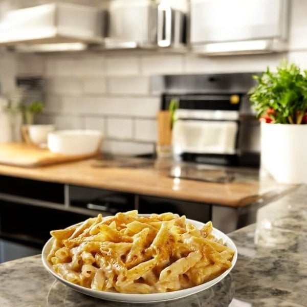 The Beecher's Handmade Cheese "World's Best" Gluten Free Mac & Cheese, a single serving made with Flagship cheese and natural ingredients, sits on a marble countertop in a modern kitchen, with a microwave and potted plant nearby.