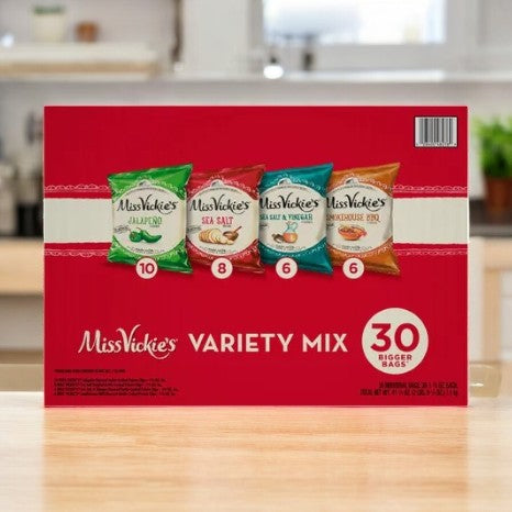 Miss Vickie's Kettle Cooked Potato Chips Variety Pack offers authentic kettle-cooked chips with Jalapeño, Sea Salt, Salt & Vinegar, and Smokehouse BBQ flavors. It's crafted from premium potatoes in a 30-count box; get 3 boxes with free shipping!.