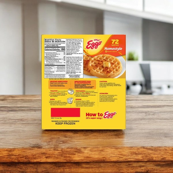 A Kellogg's Eggo Waffles, Homestyle, 72-count-1 Pack box sits on the kitchen counter with nutritional details and cooking instructions.