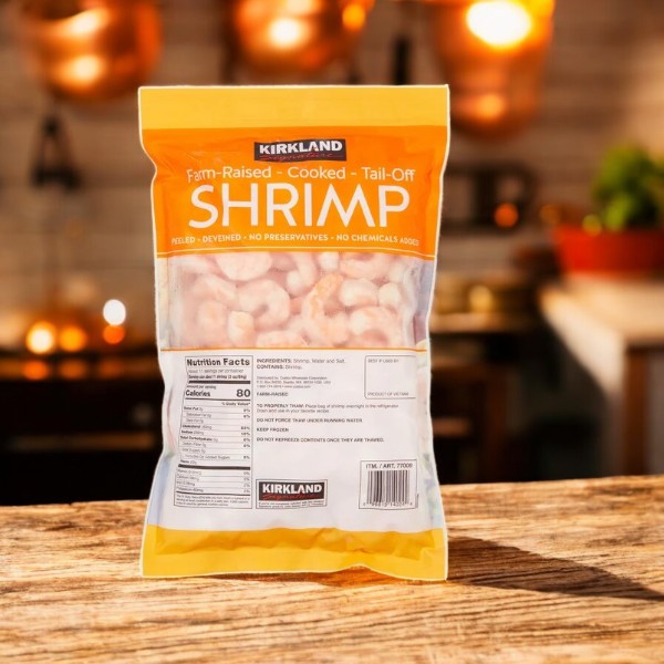 A 2-lb bag of Kirkland Signature Farm-Raised Cooked Shrimp, peeled, deveined, and featuring 50-70 count shrimps, rests on a wooden surface with a kitchen background.