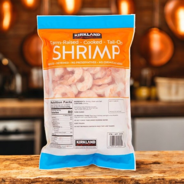 A package of Kirkland Signature Farm-Raised Cooked Shrimp, Tail-On, rests on a wooden kitchen counter, boasting peeled and deveined 31-40-count shrimp with no preservatives or chemicals.