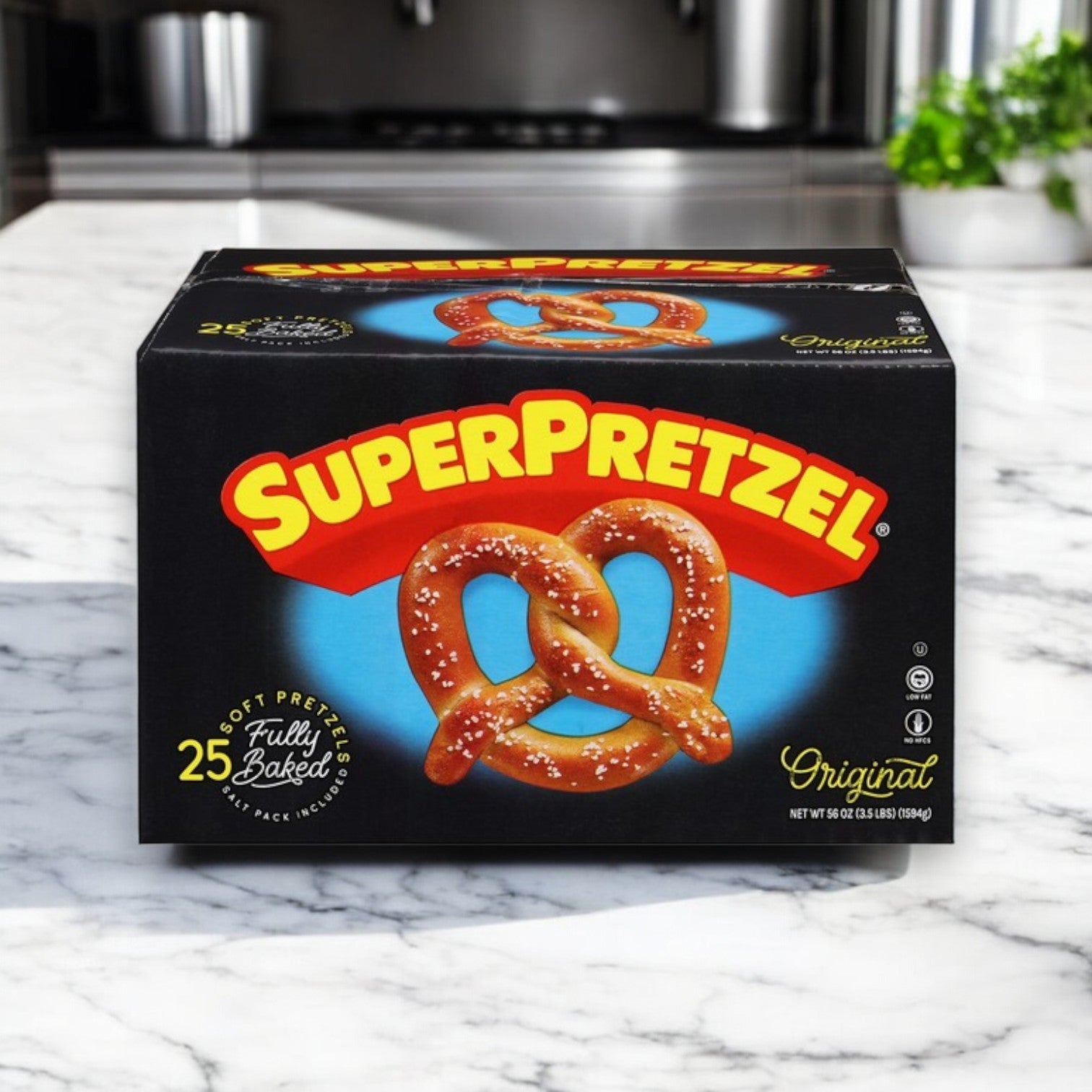 A family-sized pack of SUPERPRETZEL Original Soft Pretzels (25 Count) is on a marble countertop, showing a soft pretzel on the front. Ideal for a quick snack, the box contains 25 fully baked pretzels from Super Pretzel.