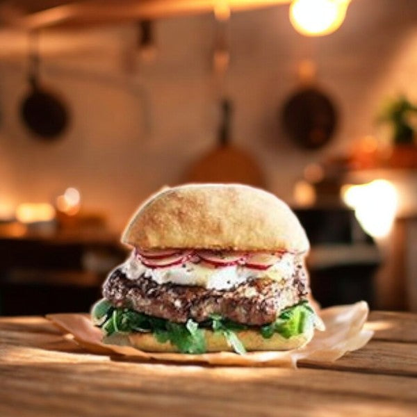 In a warmly lit kitchen, a gourmet Bubba Burger Beef Chuck with cheese, crisp lettuce, and sweet onions from Bubba rests enticingly on a wooden surface.