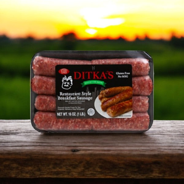 A package of Vienna Beef's Restaurant Style Ditka's Breakfast Sausage (16 oz.) is placed on a wooden surface with a blurred outdoor backdrop.
