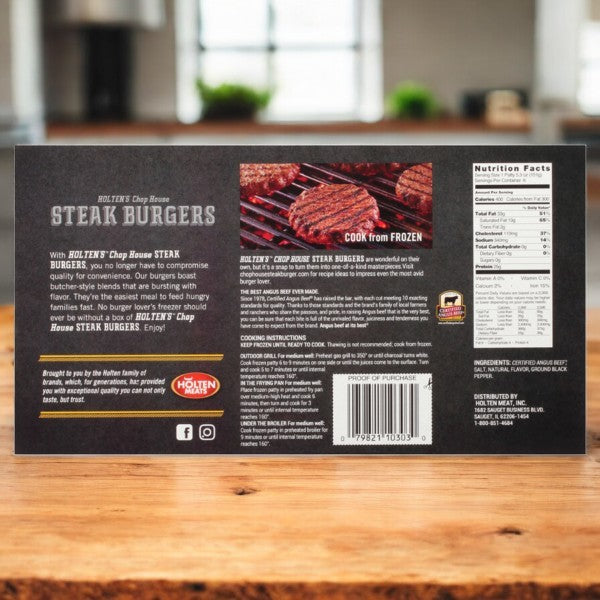 Holten's Chop House Steakhouse premium Chop House Steak Burgers, made from Certified Angus Beef, sit on a wooden surface highlighting their cooking instructions, nutritional facts, and ingredients. Enjoy a juicy and flavorful experience with every bite.