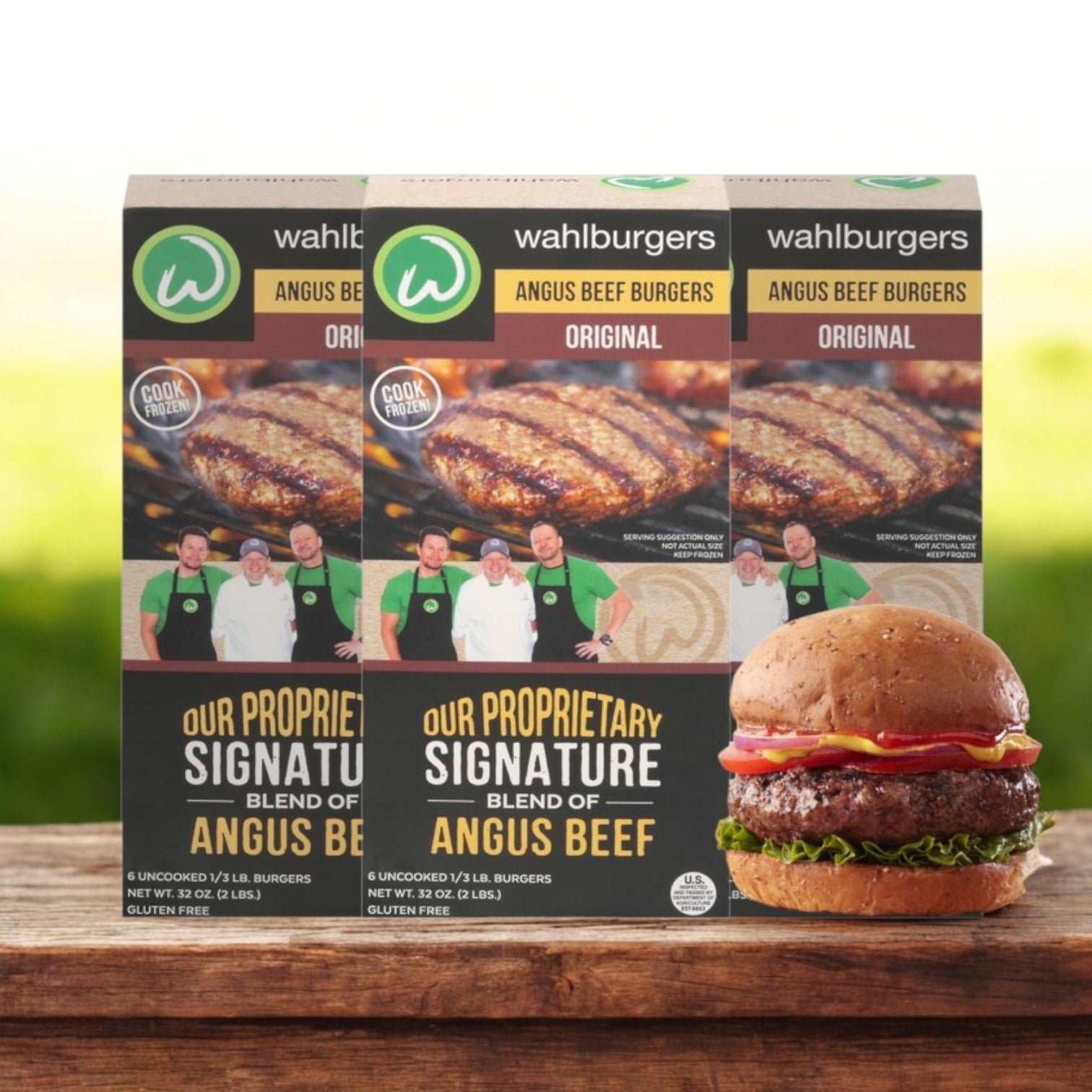 Indulge in restaurant-quality flavor with Wahlburgers Original Angus Beef Burgers. This premium offering includes six patties per box, presented with an enticing burger image featuring fresh ingredients against a blurred outdoor backdrop.