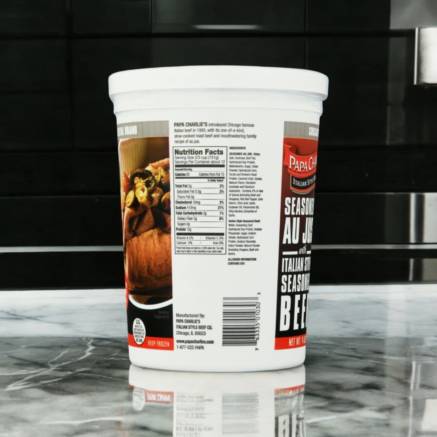 On a marble counter sits a package of Papa Charlie's Italian Beef- 1 Count, offering a savory experience with nutrition facts and product details printed on the side.