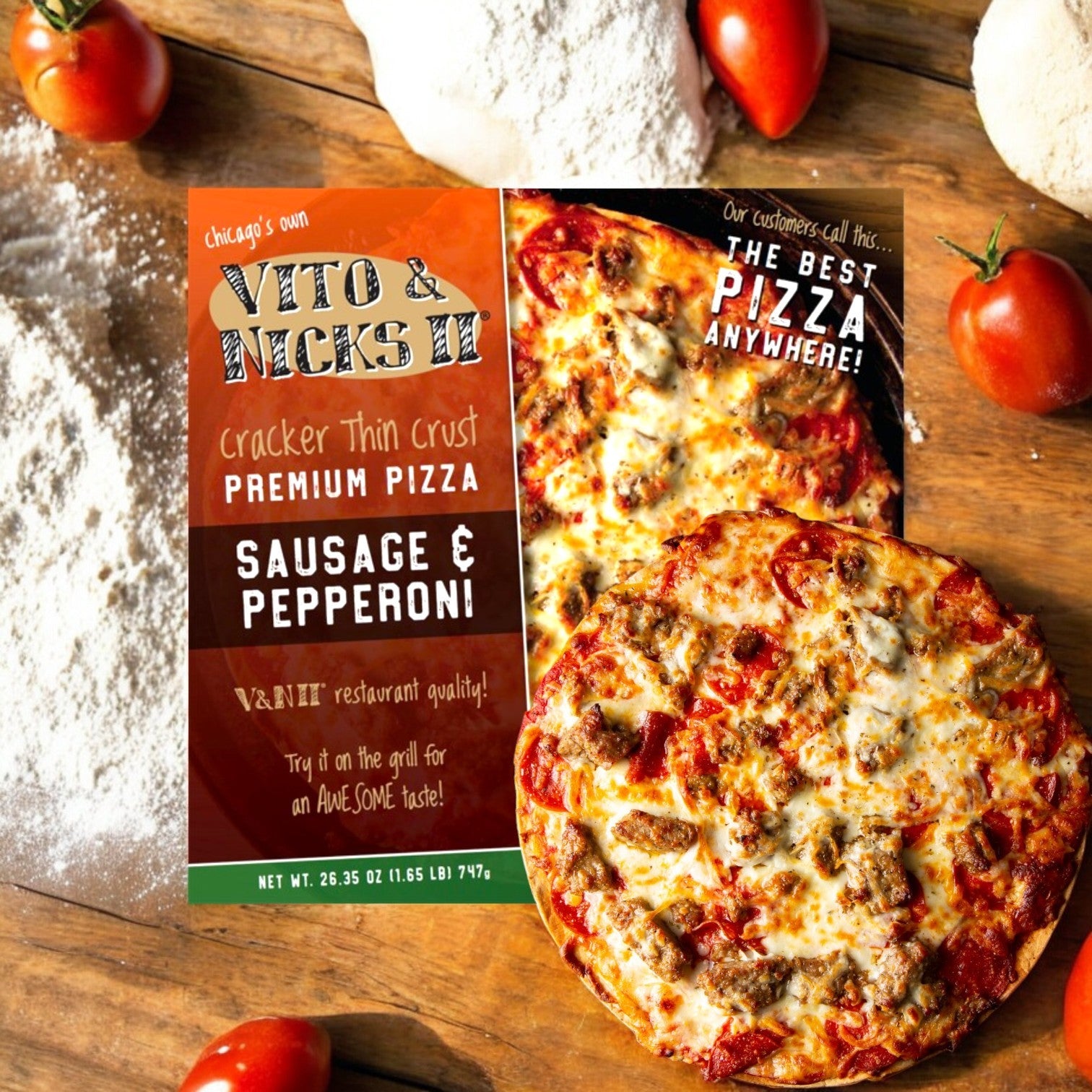 Two Vito & Nick's II Cracker Thin Crust Sausage & Pepperoni Pizzas sit on a wooden surface, surrounded by tomatoes and flour. The green and red box declares "The Best Pizza Anywhere," capturing Chicago Tavern-Style Pizza's essence.
