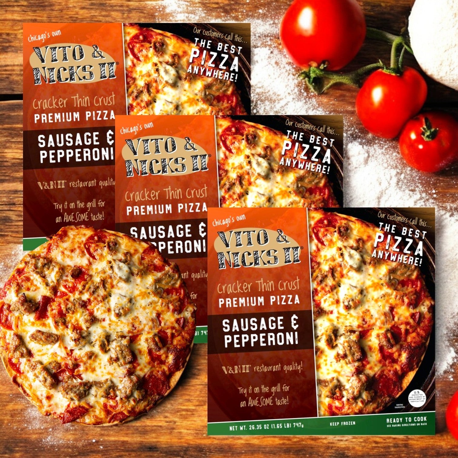 Three 26.35 oz. boxes of Vito & Nick's Cracker Thin Crust Sausage & Pepperoni Pizza, featuring the classic Chicago tavern-style with a pizza displayed in front, surrounded by tomatoes and flour.