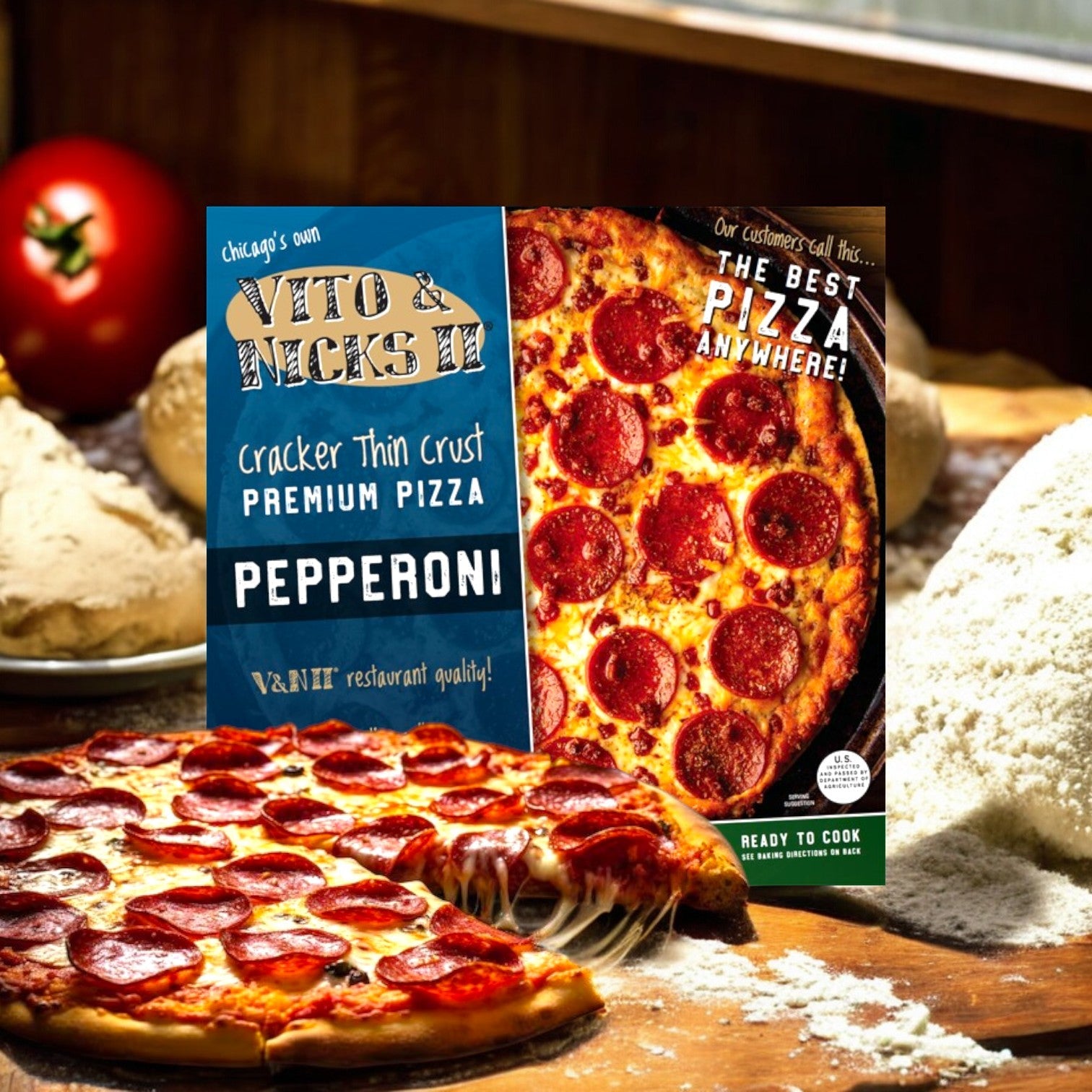 Vito & Nick's II Cracker Thin Crust Pepperoni Pizza, a 21.5 oz frozen delight with vibrant packaging, sits on a wooden table among ingredients like flour and tomatoes. This thin crust pizza embodies the classic Chicago tavern-style experience, ready to transport your taste buds to the Windy City.