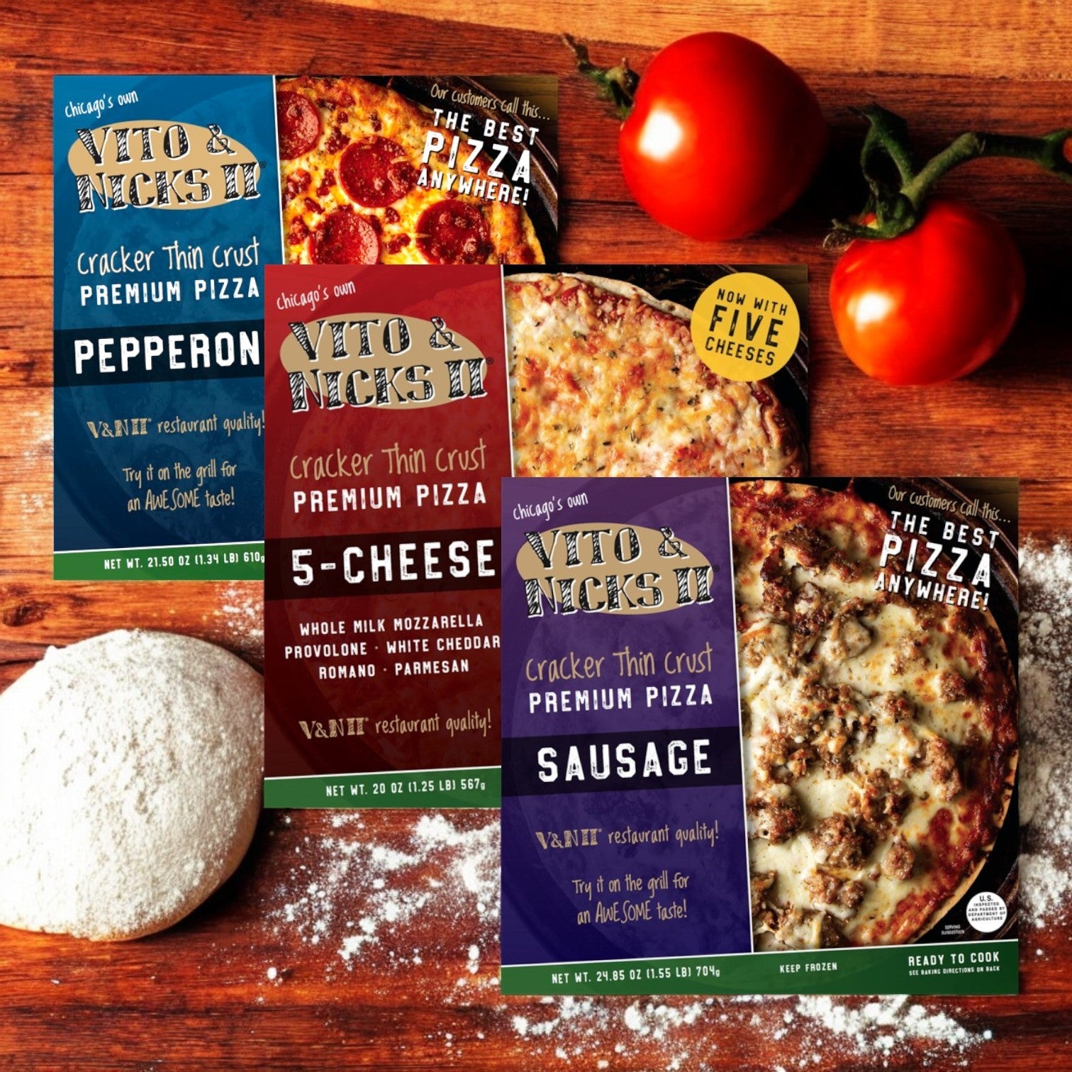 The Vito & Nick's II 3-Pizza Combo! offers classic Chicago tavern-style pizzas: Pepperoni, Sausage, and 5-Cheese. Featuring a cracker-thin crust made with premium ingredients, the pizzas are displayed alongside two tomatoes and dough on a wooden surface.