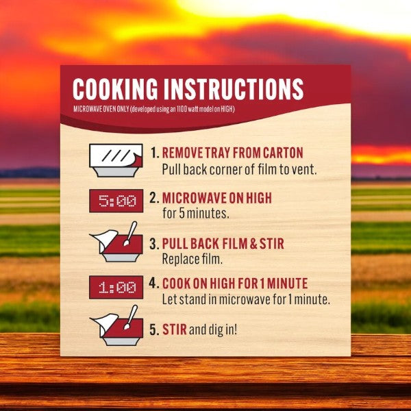 Microwave instructions for Smart Ones Broccoli & Cheddar Roasted Potatoes: Remove tray from carton, microwave for 5 minutes, stir in cheese blend, cook 1 more minute, then stir and enjoy.