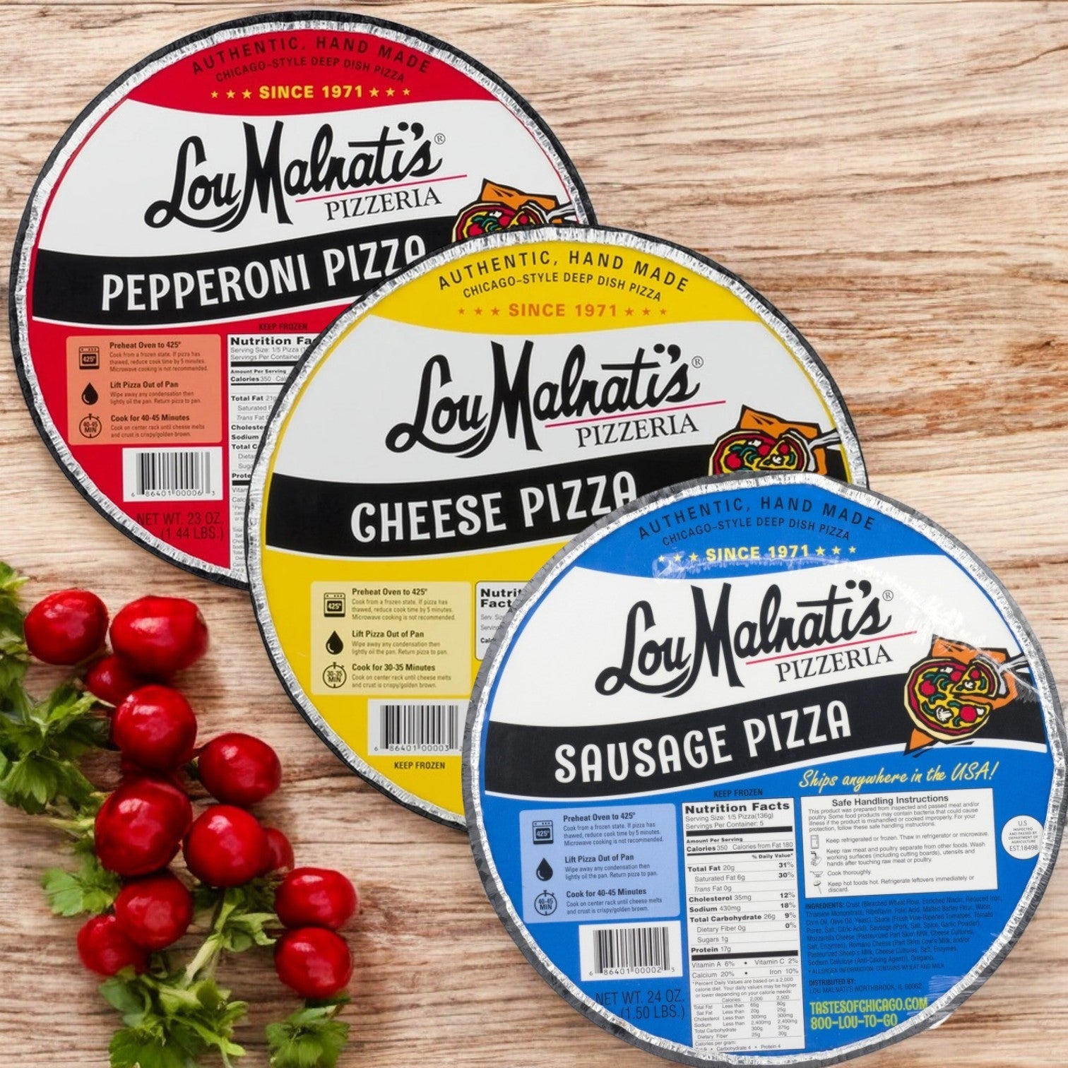 A delightful Combo Pack from Lou Malnati's, featuring three deep dish pizzas in pepperoni, cheese, and sausage varieties, sits on a wooden surface beside fresh radishes and parsley.