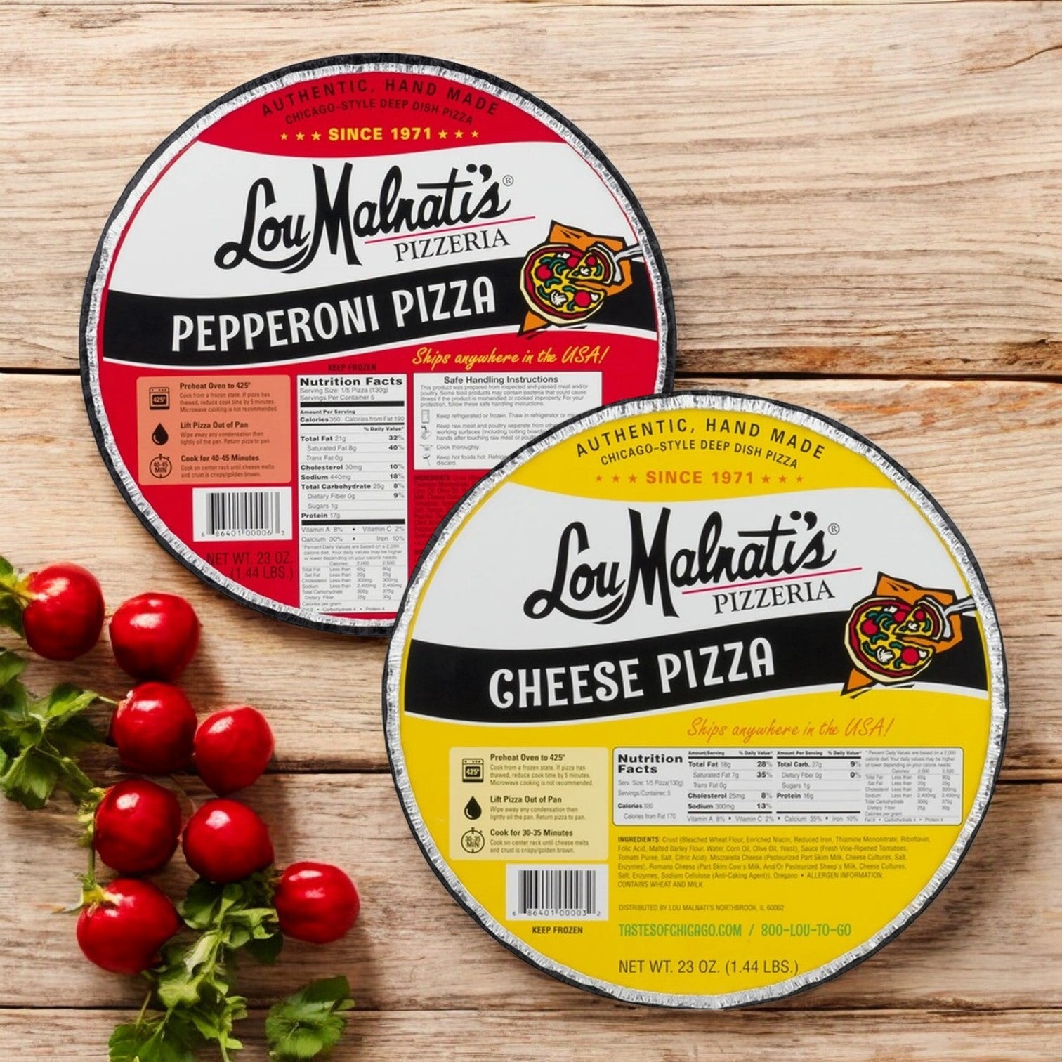 Two boxes of Lou Malnati's Deep Dish Combo- 2 Pack Combo! sit on a wooden surface, accompanied by cherry tomatoes.