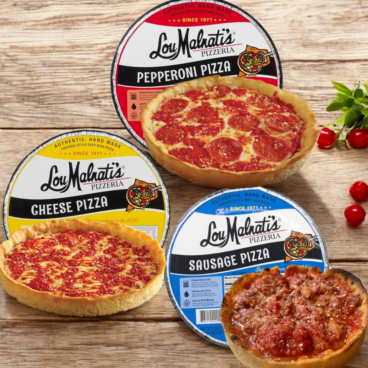 Lou Malnati's Combo Pack delivers a true taste of Chicago with three deep-dish pizzas, featuring Pepperoni, Cheese, and Sausage varieties elegantly garnished with fresh tomatoes and basil.