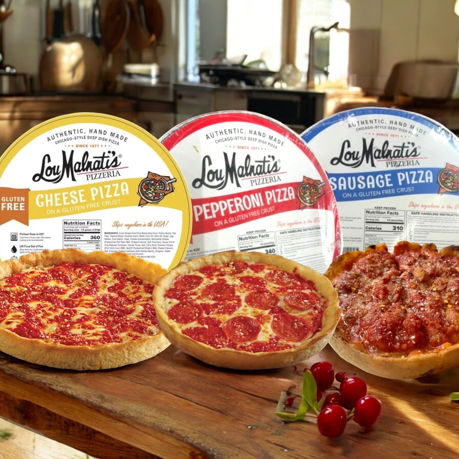 Three Lou Malnati's frozen pizzas from the Gluten Free Crust Combo Pack—cheese, pepperoni, and sausage—sit on the table with a sprig of red berries nearby.