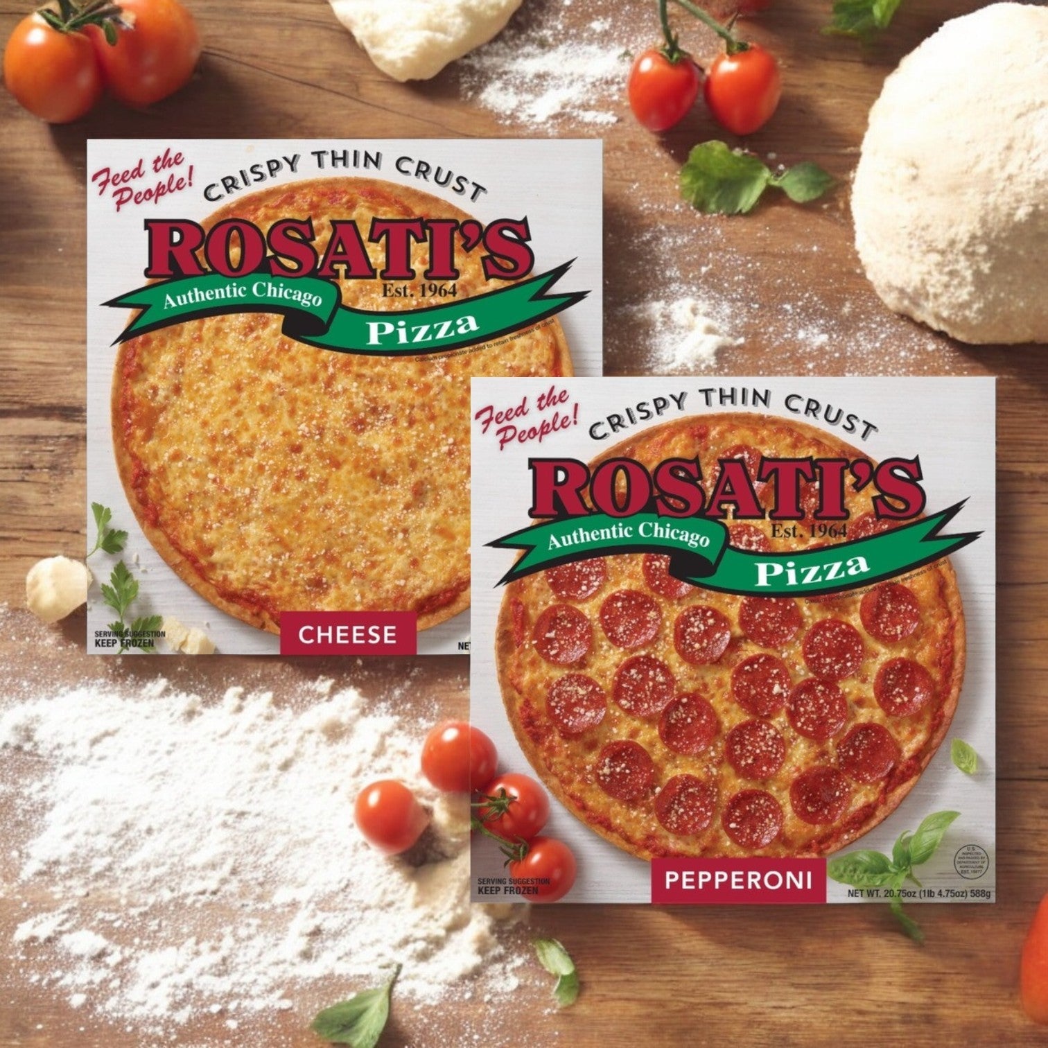 Two Rosati's Pizza boxes, labeled "Crispy Thin Crust Combo," sit on a floured surface among dough, cherry tomatoes, and fresh basil, setting the perfect pizza night scene.