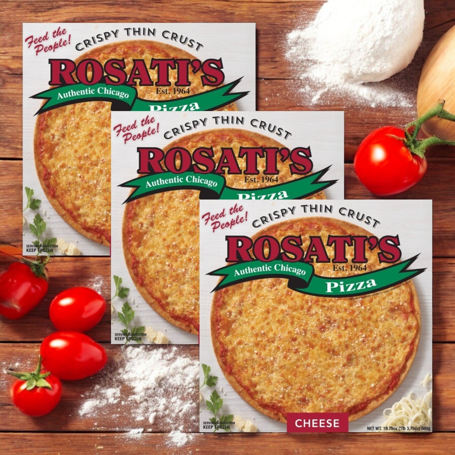 Three boxes of Rosati's Pizza Crispy Thin Crust Cheese, each 19.75 oz., topped with premium mozzarella and rich tomato sauce, from the authentic Chicago-style brand Rosati's.
