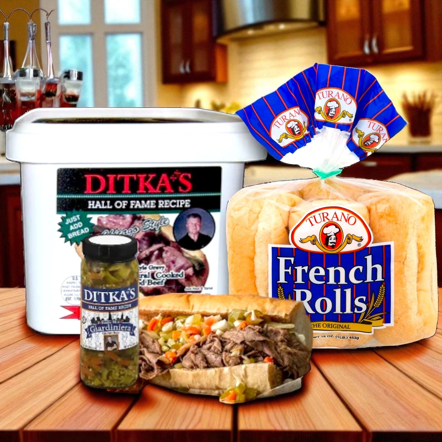 A Ditka’s Italian Beef Sandwich Kit with Turano Rolls & Marconi Giardiniera by Vienna Beef is displayed on a kitchen counter, featuring the kit components and a prepared beef sandwich.