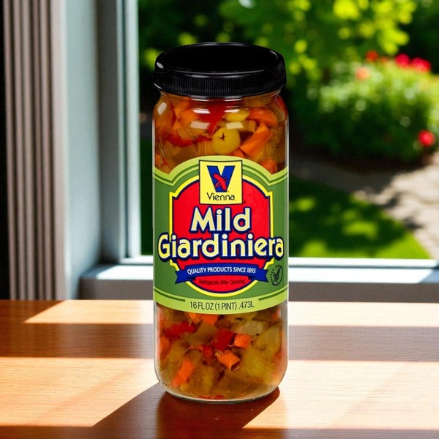 A 36 oz. jar of Vienna Beef Italian Style Gravy and Sliced Beef sits on a windowsill with sunlight and a garden behind it, ready to bring classic Chicago flavor to your favorite sandwiches.