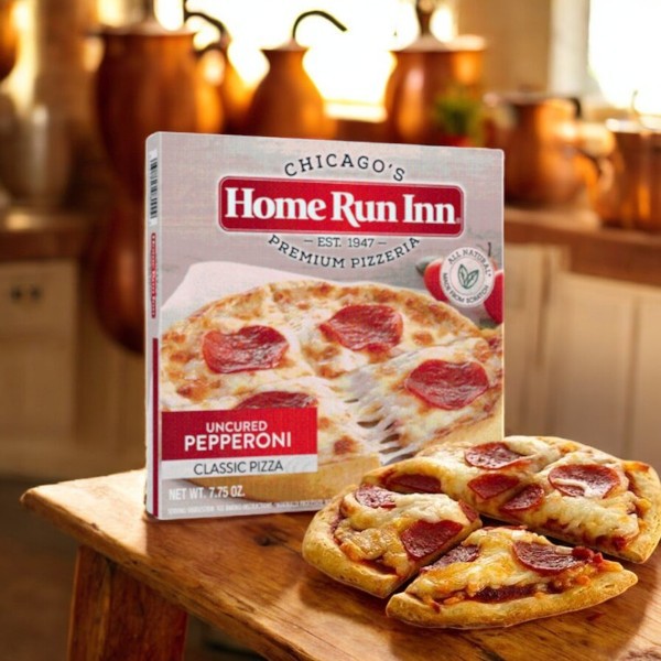 A Home Run Inn Classic Crust Min Frozen Pizza with uncured pepperoni sits invitingly beside its packaging on a wooden kitchen table.