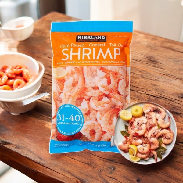 A Kirkland Signature Farm-Raised Cooked Shrimp bag (Tail-On, Peeled, Deveined, 31-40-count, 2 lbs) rests on a wooden table with a bowl of shrimp and a shrimp dish in the background.