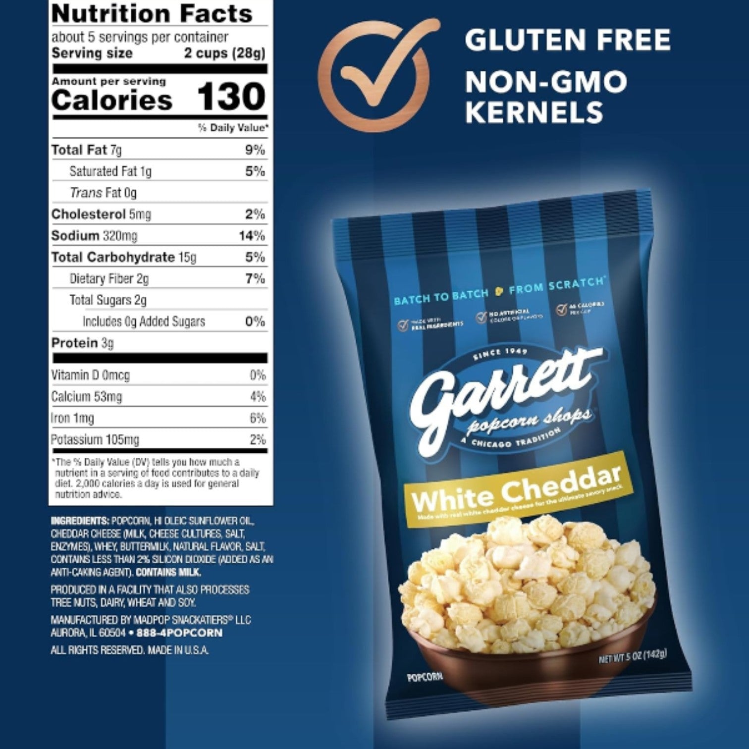 Garrett Popcorn White Cheddar 5 oz bag with nutrition facts and ingredients. Features gluten-free and non-GMO attributes with a large checkmark in the background to accentuate its gourmet quality.